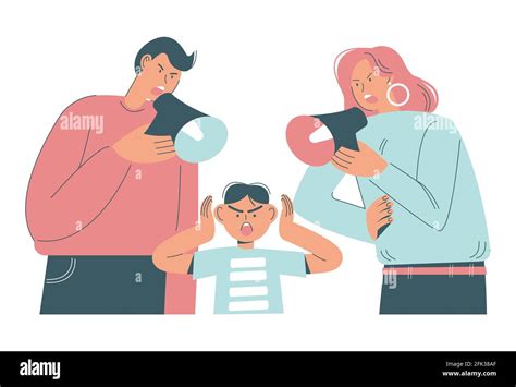 Angry dad and mom screaming through megaphones scolding his son, flat vector illustration ...