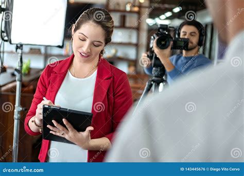 Journalist Interviewing Business Man in Conference Room for Broadcast Stock Photo - Image of ...