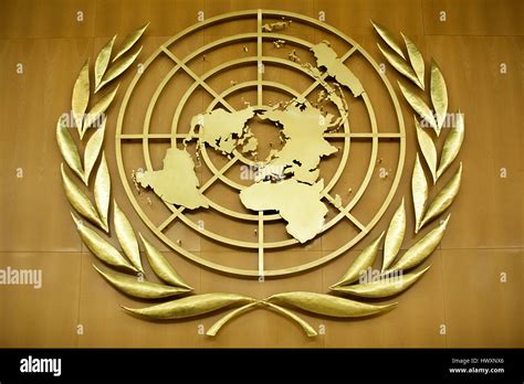 The UN Emblem decorates the wall of the Assembly Hall of the United ...