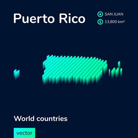 Puerto Rico map. Stylized isometric neon striped map is in green colors on the dark blue ...