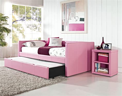 Furniture. Chic Daybed With Trundle On Pink Framed Mixed With Square Shelves Side Mirror And Fur Rug