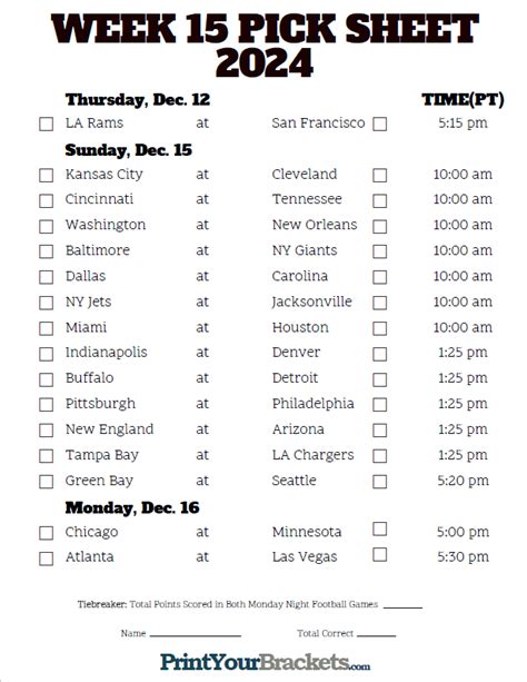 Pacific Time Week 15 NFL Schedule 2024 - Printable