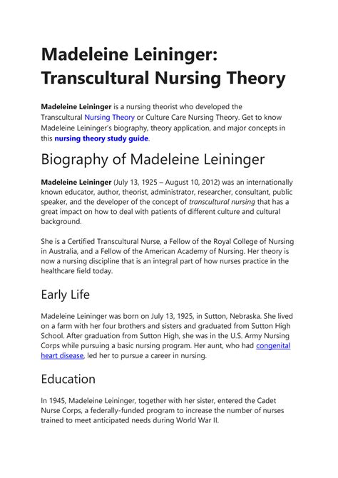 SOLUTION: Madeleine leininger transcultural nursing theory - Studypool