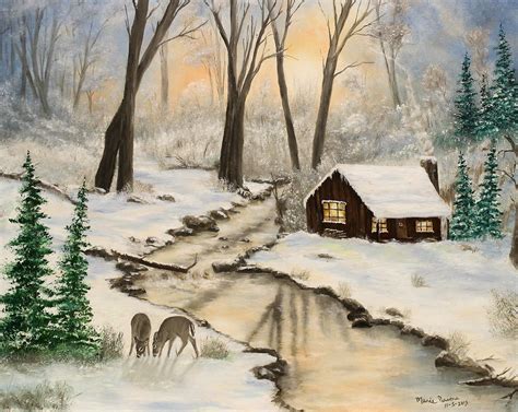 Cabin in Snow Landscape Original Oil Painting 16in x 20in