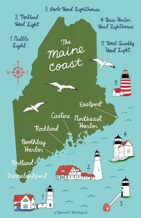 Map of the Maine Coast 11x17" Poster | Maine lighthouses map, Maine ...