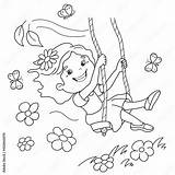 Coloring Page Outline Of Cartoon Girl Rides On A swing Outdoor Games  sketch template