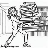 Librarian Lifting A Pile Of Books In Library Coloring Pages  sketch template