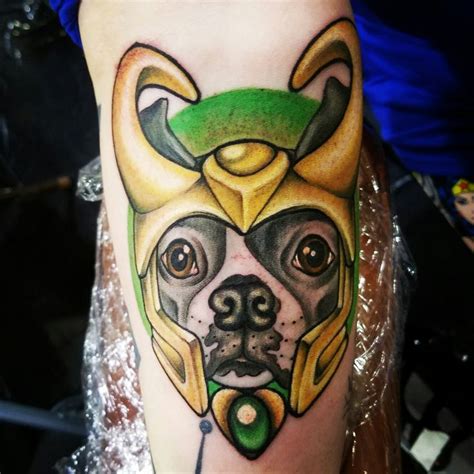 My Boston Terrier, Loki, wearing the Loki helmet! Tattoo done by Tori ...