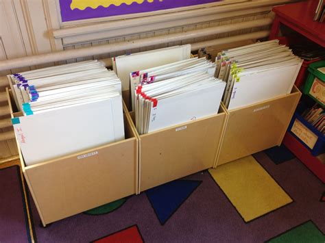 student portfolio storage system-color coded by class for quick organizing Art Classroom ...