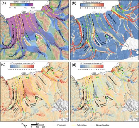 Fracture map of the Filchner–Ronne Ice Shelf (FRIS) overlaid on (a) the ...