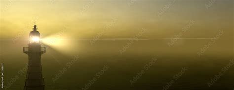 Panoramic lighthouse with its light beam shining through thick fog 3d ...