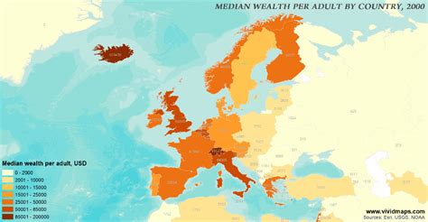 Median wealth per adult by country, 2000 - 2016 Europe Map, Geography, Wealth, World Map, Places ...