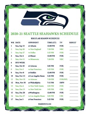 Printable 2020-2021 Seattle Seahawks Schedule