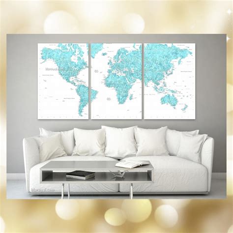 Multi panel world map canvas print or push pin map, highly detailed world map with cities ...