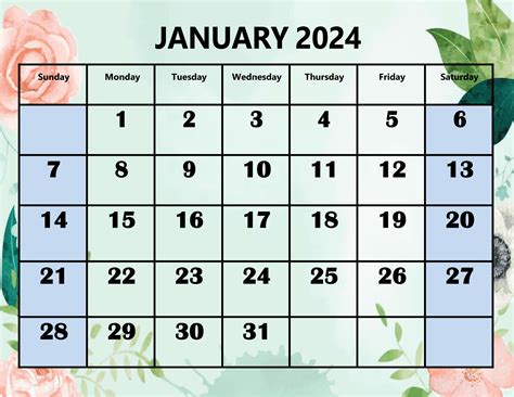 2024 January Calendar Big Numbers One Number - Printable Monthly ...