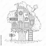 Hand Drawn coloring Page Cute treehouse With Grass Tree Stairway  sketch template