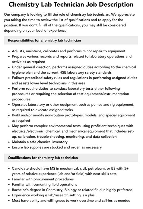 Chemistry Lab Technician Job Description | Velvet Jobs