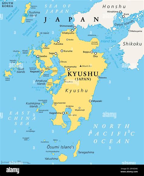 Kyushu, political map. Region of Japan, and one of five main islands ...