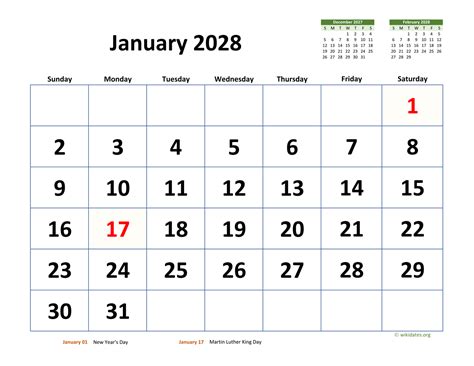 January 2028 Calendar with Extra-large Dates | WikiDates.org