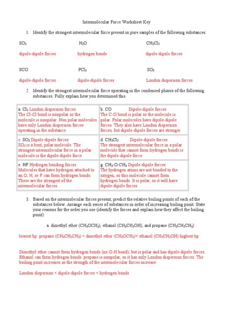 115 Intermolecular Force Worksheet Key | Chemical Polarity | Intermolecular Force