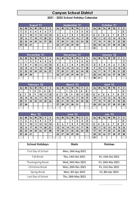 Canyon School District Calendar 2021-2022 & Holidays