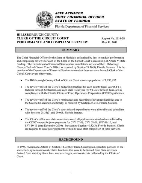 HILLSBOROUGH COUNTY CLERK OF THE CIRCUIT COURT PERFORMANCE AND COMPLIANCE REVIEW SUMMARY