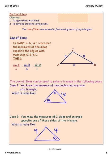 Law Of Sines And Law Of Cosines Worksheets