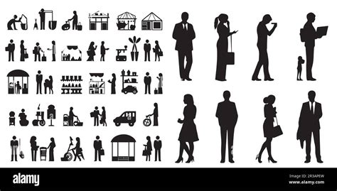 A collection of silhouettes of people and a store called the market ...