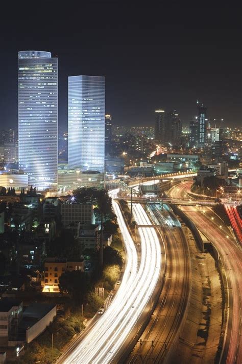 The Tel Aviv Skyline - Night City Stock Photo - Image of financial ...