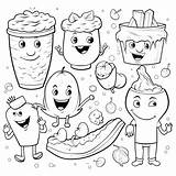 Cartoon Food Objects Characters Set Coloring Book Page Clipart  sketch template