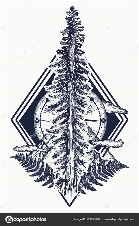 Mountain pine tree tattoo | Pine Tree Mountains Compass Tattoo Symbol Tourism Forest Rock ...