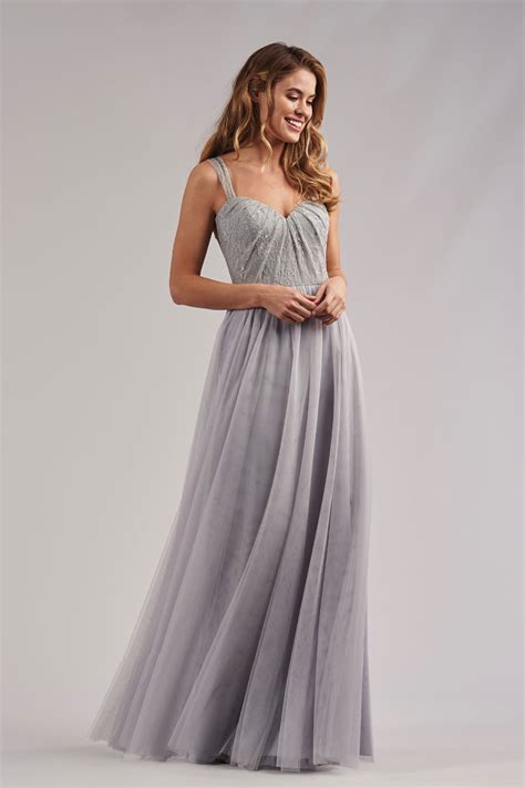 L214065 Lace & Soft Tulle Long Bridesmaid Dress with Queen Anne Neckline