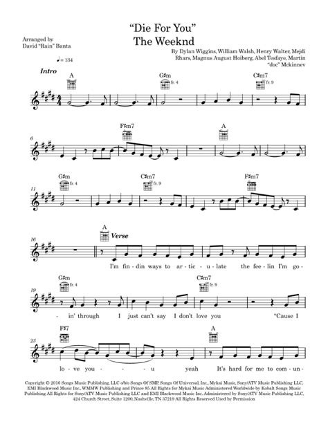 Die For You (arr. David Rain Banta) by The Weeknd Sheet Music for Piano, Vocal & Guitar Chords ...