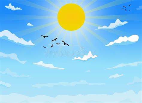 Vector Day Landscape Cartoon Sky Clouds, Crow, Sun and Sun Rays Background Design. Stock Vector ...