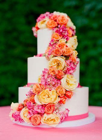 Summer wedding cake idea - three-tiered wedding cake with bright pink ...