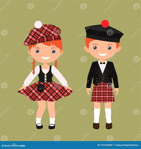 Cute Chibi Characters in National Scottish Costume. Flat Cartoon Style Stock Vector ...