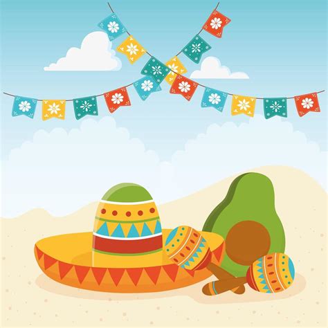 Festive sombrero with maracas and avocado 1434475 Vector Art at Vecteezy