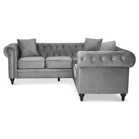 Chesterfield Velvet 4 Seater Corner Sofa - Grey – Bargainia.com