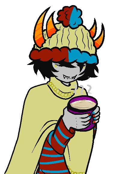 a drawing of a person with horns on their head and holding a cup in one hand