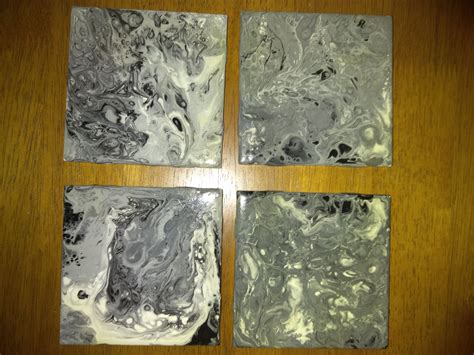 Set of 4 Coasters 4x4 Ceramic Tiles, Pour Painted in Black, White ...