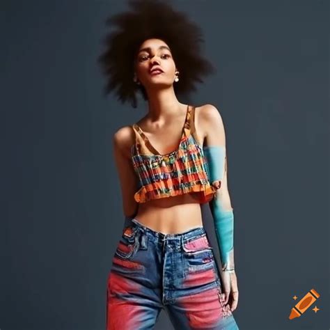 Multicolored jeans and crop top outfit on Craiyon