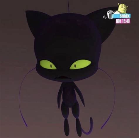 an animated black cat with glowing eyes and green eyes, standing in front of a purple background