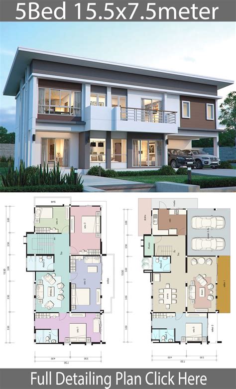 House design plan 15.5x7.5m with 5 bedrooms - Home Design with Plansearch | Double storey house ...