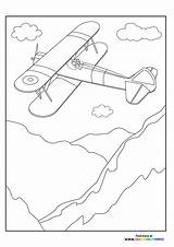 Biplane Flying Over The Mountains  Coloring Pages For Kids sketch template