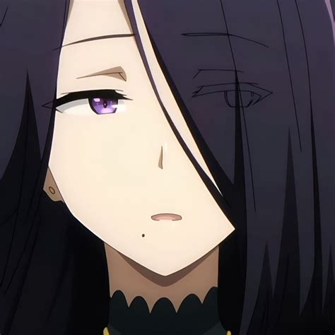 an anime character with long black hair and purple eyes looks at the camera while staring ...