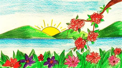 How to draw easy scenery // Flower garden scenery drawing // Spring season scenery - YouTube