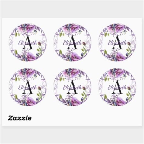 Pretty Watercolor Purple Poppy Wreath Monogram Classic Round Sticker | Zazzle