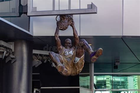 A Statue of Shaquille O Neal Dunking a Basketball a Lakers Uniform in ...