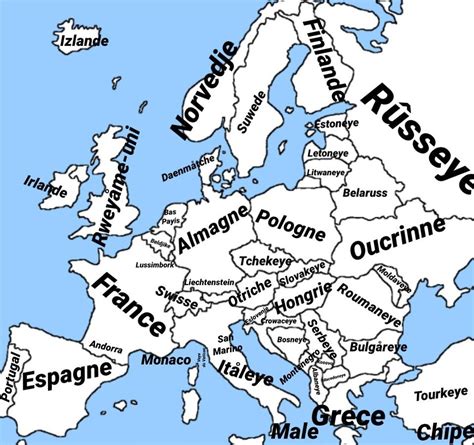 A map of Europe in the Walloon language, the (almost extinct) northernmost Romance language : r ...