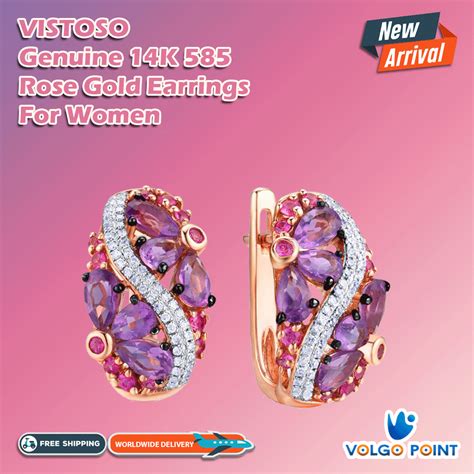 VISTOSO Gold Earrings For Women Genuine 14K 585 Rose Gold Sparkling Amethyst Pink Sapphire ...